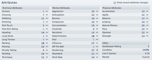 list of attributes of a sample player from Football Manager 2011