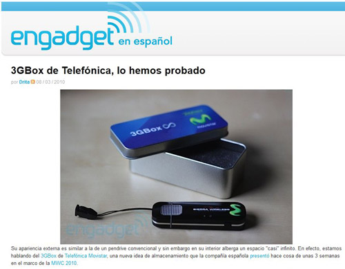 screen capture of engadget's spanish edition article on 3GBox