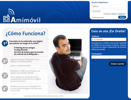 Mock-up of Amimovil homepage including visual design assets