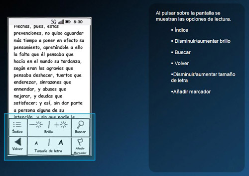 powerpoint excerpt showing Balsamiq wireframe for smartphone eBooks application reading interface screen