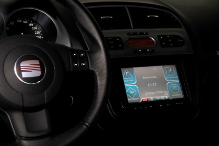 photograph of a SEAT car's dashboard, featuring an onboard computer