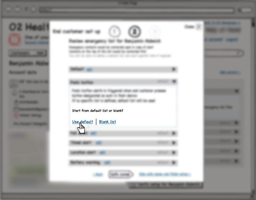 blurred Balsamiq wireframe for a set-up process, offering a default configuration