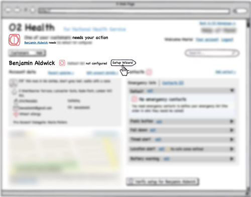 blurred Balsamiq wireframe of customer's dashboard for an account that needs configuring