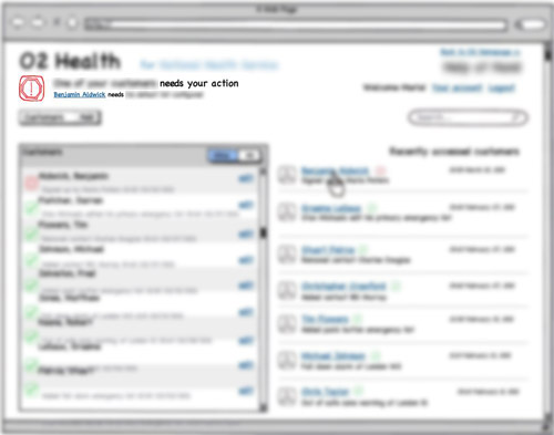 blurred Balsamiq wireframe of admin-like user's dashboard showing a warning sign for a user which results in a warning sign for the global status