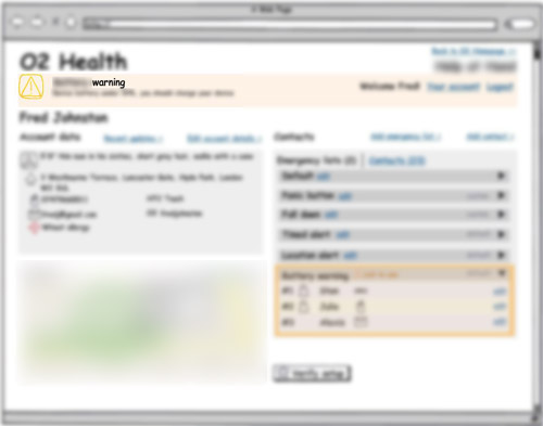 blurred Balsamiq wireframe of customer's dashboard showing a warning sign