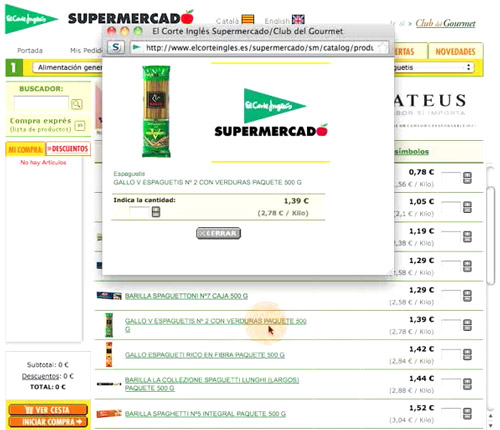 screen capture of El Corte Inglés online supermarket