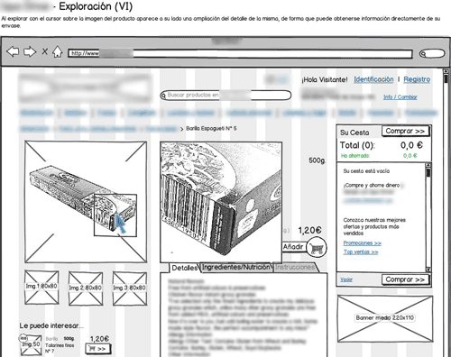 blurred annotated wireframe for online supermarket's product exploration flow