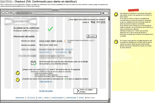 blurred annotated wireframe for online supermarket's order confirmation page for non-registered customers