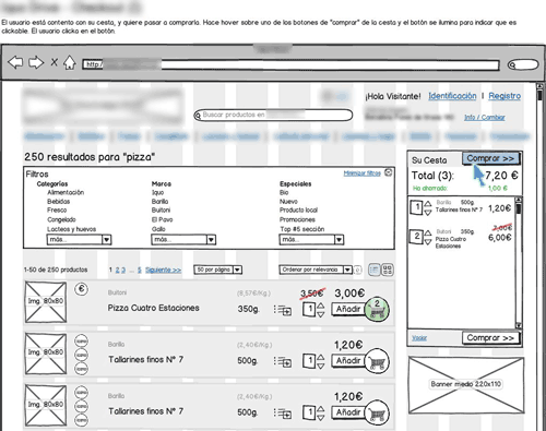blurred annotated wireframe for online supermarket's purchase flow