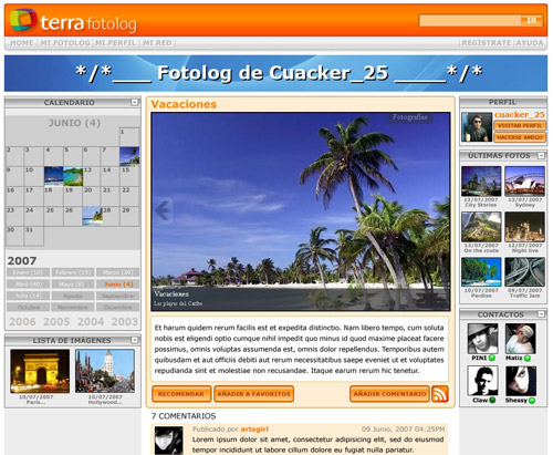 HTML prototype of Fotolog view, clearly based on the previous wireframe