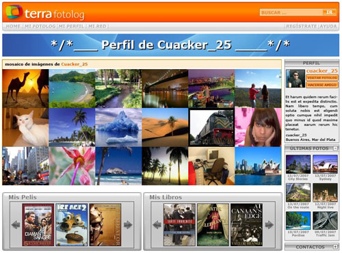 proposal of user profile screen, showing a mosaic of last photographs and posters of user's favourite movies and books