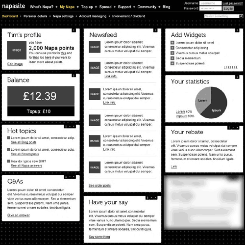 Omnigraffle wireframe for My Giffgaff, including typography and sizing