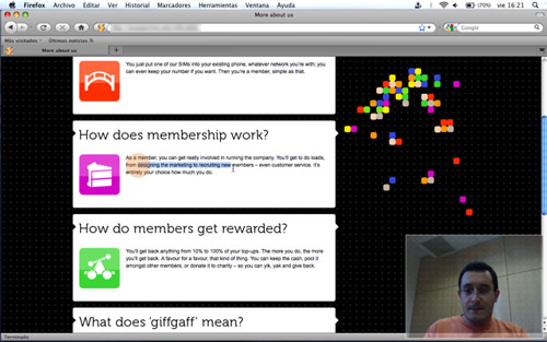 Screen capture of usability test on the Giffgaff page, recorded with Silverback