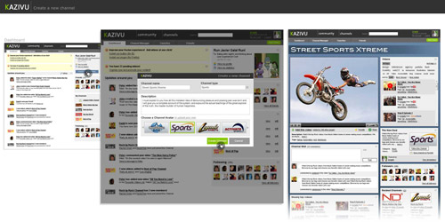 several mock-up images of Kazivu showing channel creation flow