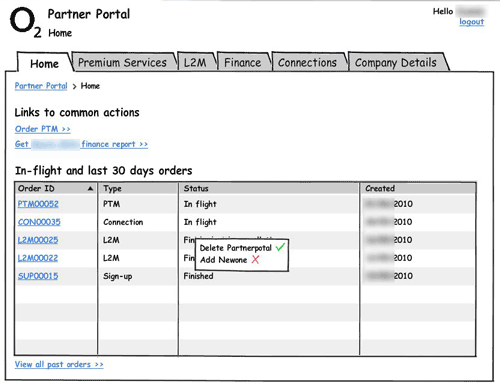 Balsamiq wireframe showing the customer's dashboard, including extra info on order with a tooltip
