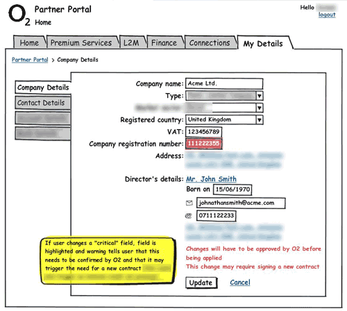 Balsamiq wireframe showing company details editing
