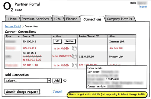 Balsamiq wireframe showing connection details editing