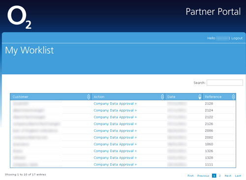 Screen capture showing functional prototype for O2 employee's work list