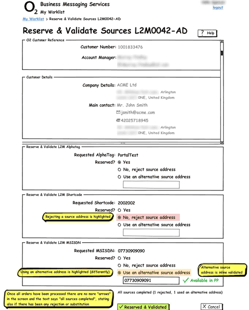 Balsamiq wireframe with order details for reserve/validate L2M sources, with buttons for different possible actions underneath