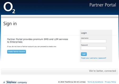 Sign up / login page for O2's Partner Portal new version