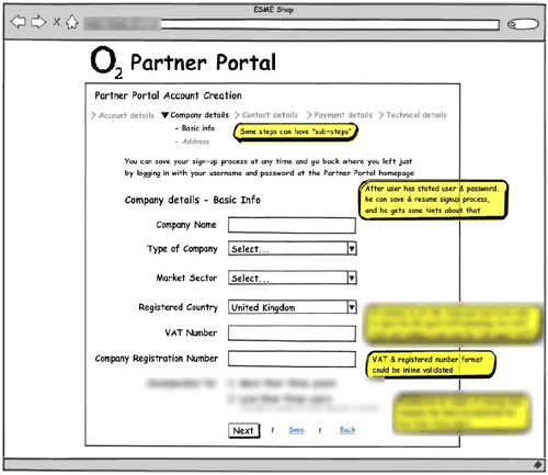 Balsamiq wireframe for sign-up process showing company detail data introduction