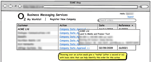 Balsamiq wireframe for O2 employee's work list, showing list of current orders in need of an action and extra info on them with tooltips