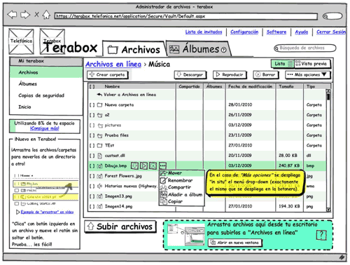 Balsamiq wireframe showing our redesign proposal for Terabox interface with contextual actions