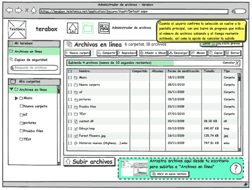Balsamiq wireframe showing uploading file indicator at Terabox