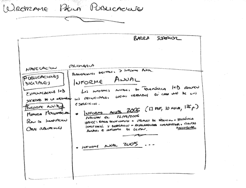 scan of a hand-drawn wireframe for the digital reports page at Telefónica I+D's website